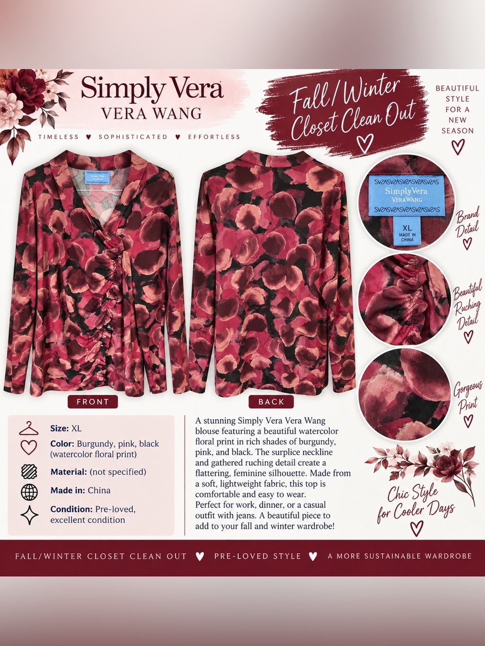 Simply Vera Vera Wang Burgundy Pink Black Watercolor Floral Surplice Top